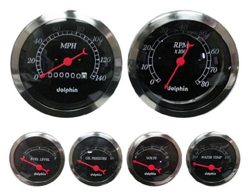 Dolphin 6 gauge mechanical speedo set black with red needles hotrod/streetrod