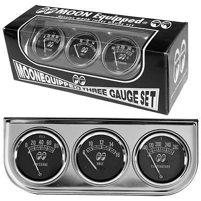 Moon 3 gauge set w/ chrome panel rat hot rod gasser drag racing vtg style nhra