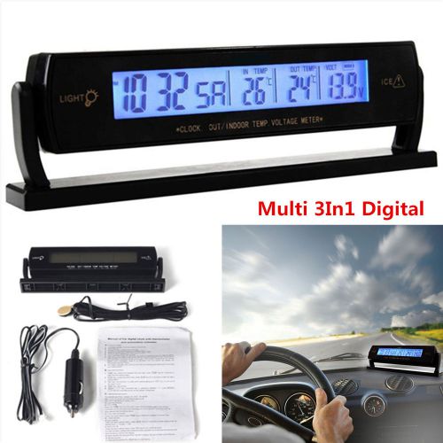 Multi 3in1 digital battery alarm time + thermometer + car voltage led backlight