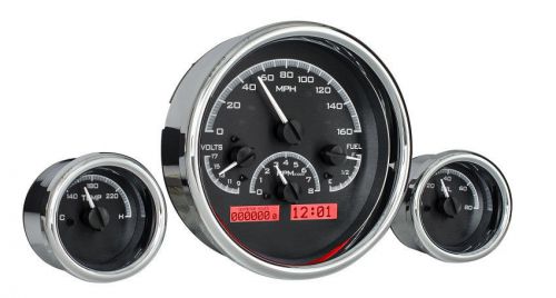 Universal 3 triple round analog dash gauges black alloy / red display vhx-1013