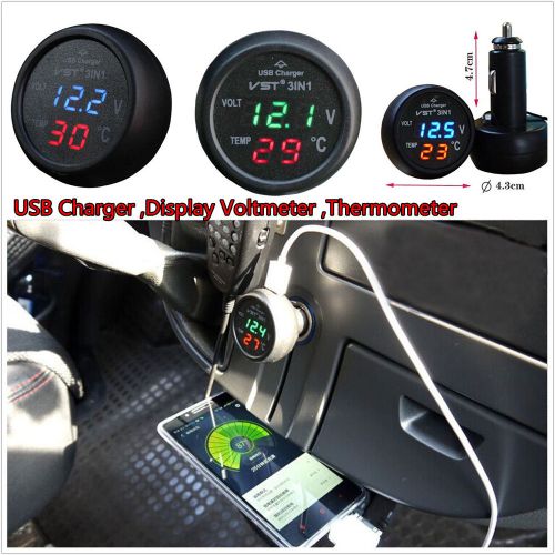 3in1 usb car charger car digital battery monitor led voltmeter thermometer gauge