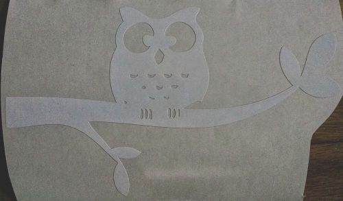 Owl on tree branch white vinyl 4.25&#034; x 7&#034; sticker decal car window laptop ipad