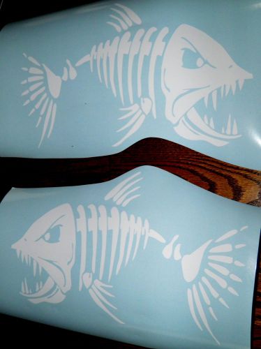 (2) skeleton fish smaller vinyl decals for  boat  -  fishing 7&#034; x 11&#034; white