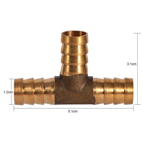 Golden 12mm brass t piece 3 way fuel hose joiner connector for air gas oil water