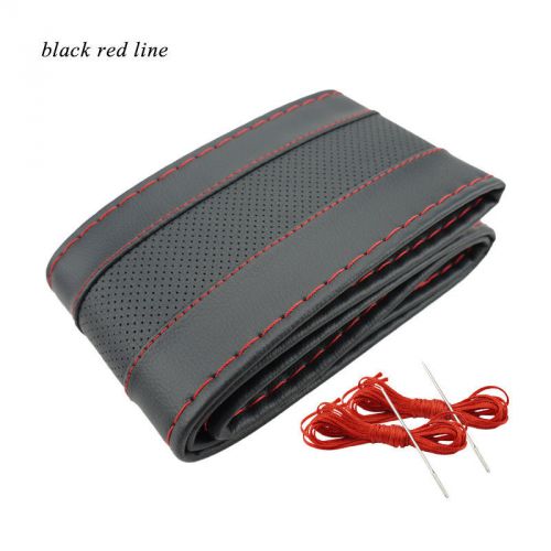 New car truck pu leather steering wheel cover with needles red and black threads