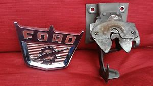 1959 ford -f600 genuine vintage factory oem hood emblem and hood hitch