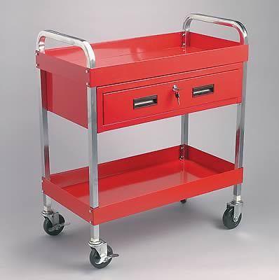 Shop cart steel red powdercoat 2-shelf locking drawer casters 35.25"h 350lb cap