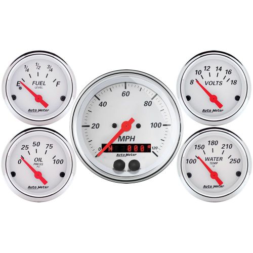 Auto meter 1350 arctic white; 5 gauge set; fuel/oil/speedo/volt/water