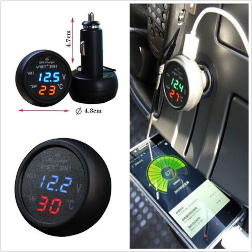 Black car usb port charger adapter thermometer voltmeter gauge led monitor 3in1