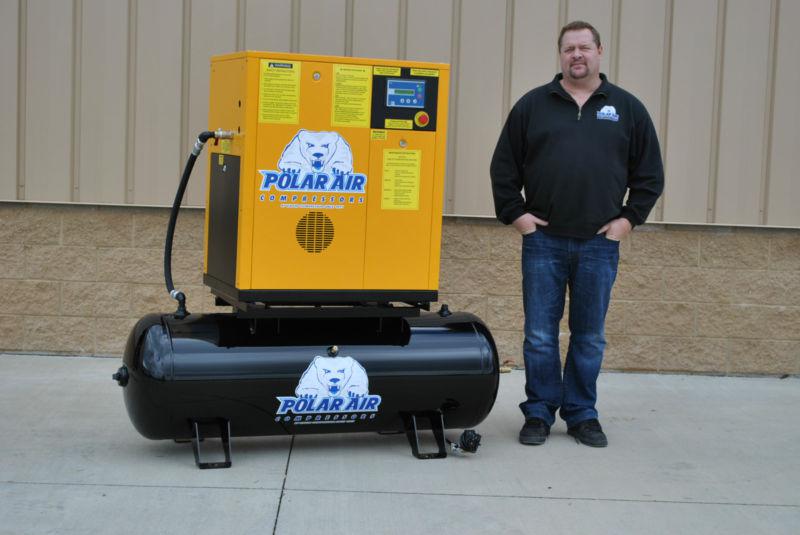 7.5 hp, single phase rotary screw air compressor mounted on 80-gallon tank