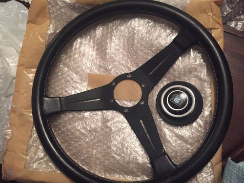 Vintage nardi 15&#034; steering black leather rare model! w/horn button + bolts italy