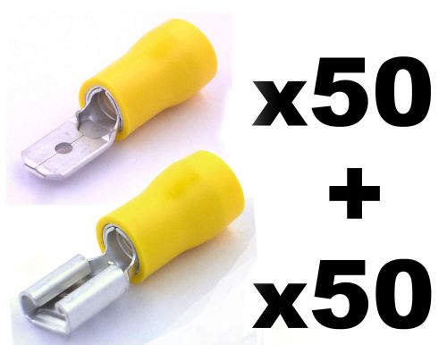 100 yellow semi insulated spade electrical crimp connectors- mixed male &amp; female